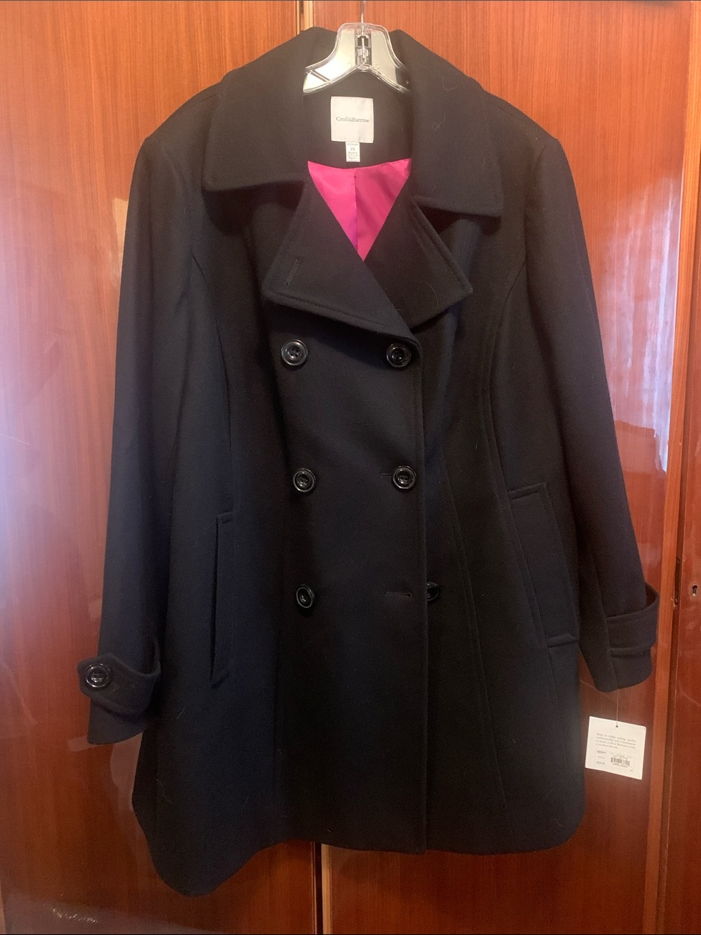 croft & barrow Black Double-Breasted Peacoat with Pink Lining